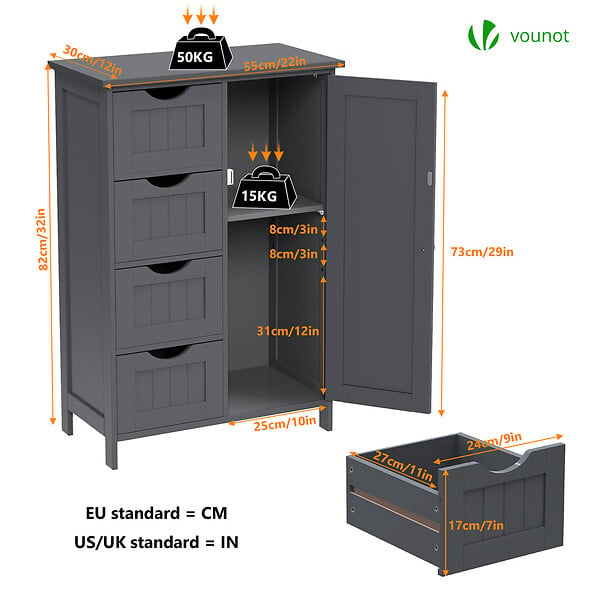 VOUNOT - Meuble de salle de bain rangement 4 tiroirs 1 porte 82x55x30cm gris - large