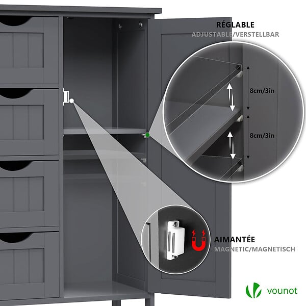 VOUNOT - Meuble de salle de bain rangement 4 tiroirs 1 porte 82x55x30cm gris - large