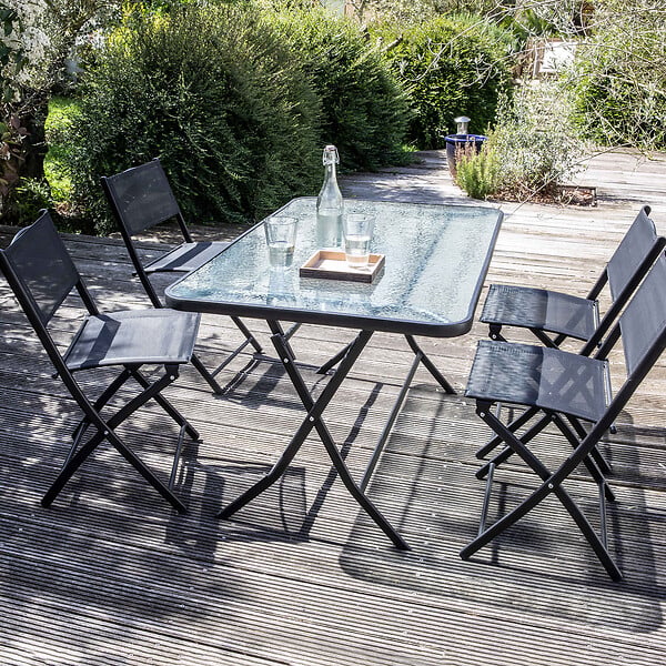 OVIALA - Table de jardin et 4 chaises pliantes en acier et verre noir - Calvi - large
