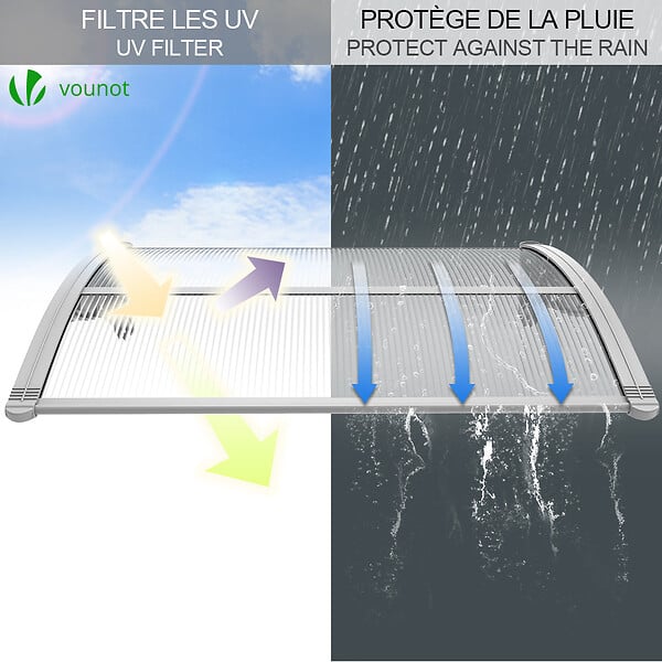 VOUNOT - Auvent de porte marquise 100x80 cm transparent en Polycarbonate anti UV Gris - large