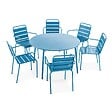 OVIALA - Ensemble table de jardin ronde et 6 fauteuils acier bleu pacific - Palavas - vignette
