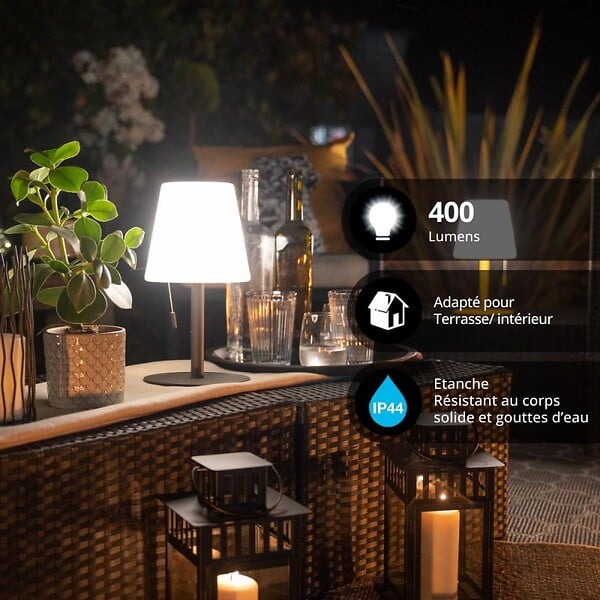 Xanlite - Lampe à poser cône gris rechargeable en métal LED IP44, 400  lumens, CCT et dimmable, hauteur ajustable - LP16CGRCCT
