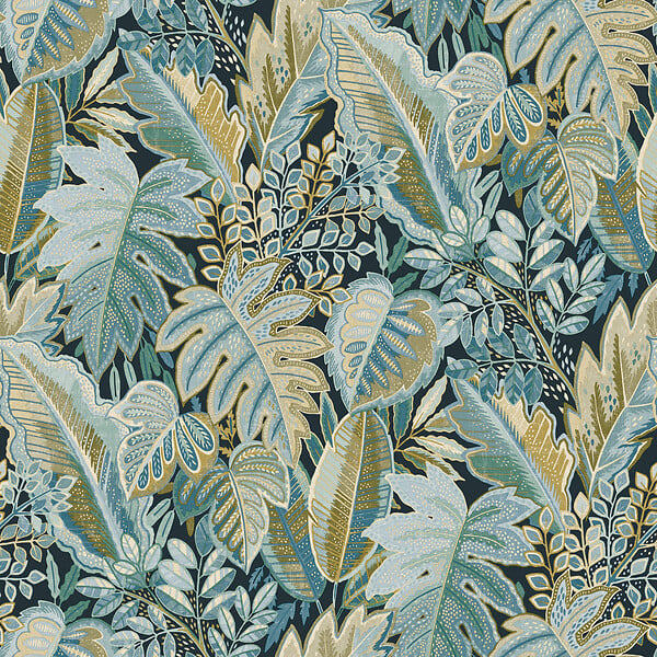 GRANDECO - Papier peint intissé Tribal Leaf bleu - L.0,53x10,05m - large