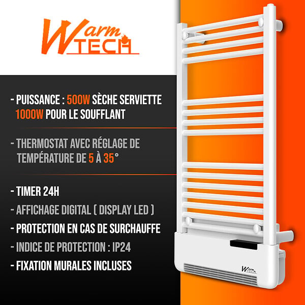 WARM TECH - Radiateur sèche serviettes avec fluide 500W + soufflerie 1000W - large