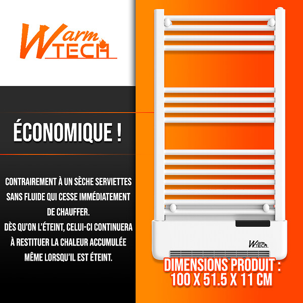 WARM TECH - Radiateur sèche serviettes avec fluide 500W + soufflerie 1000W - large