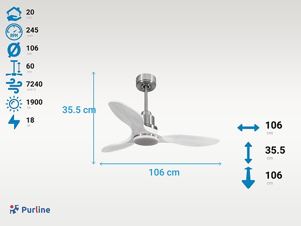 PURLINE - Ventilateur de plafond Réversible  Thermostat Dimmable Wifi Moteur à courant continu Toits en pente Télécommande Lumière à trois tons Hypersilence Mémoire - large