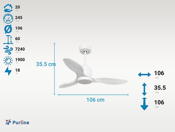 PURLINE - Ventilateur de plafond Réversible  Thermostat Dimmable Wifi Moteur à courant continu Toits en pente Télécommande Lumière à trois tons Hypersilence Mémoire - large