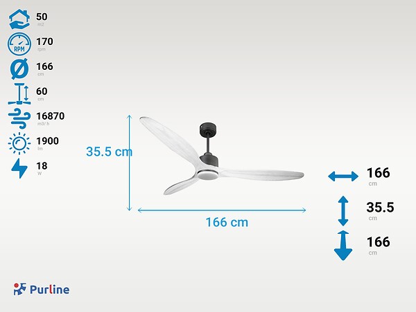 PURLINE - Ventilateur de plafond Réversible  Thermostat Dimmable Wifi Moteur à courant continu Toits en pente Télécommande Lumière à trois tons Hypersilence Mémoire - large