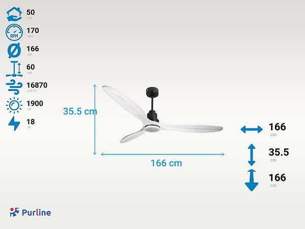PURLINE - Ventilateur de plafond Réversible  Thermostat Dimmable Wifi Moteur à courant continu Toits en pente Télécommande Lumière à trois tons Hypersilence Mémoire - large