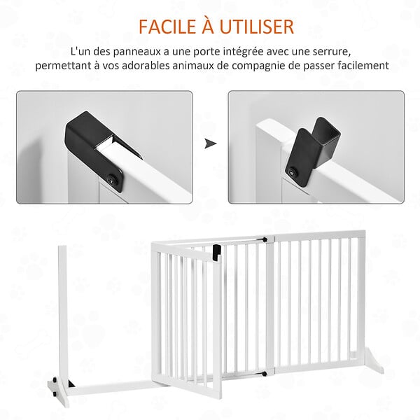 PAWHUT - Barrière de sécurité chien barrière autoportante longueur réglable porte verrouillable intégrée dim. 113-166L x 36l x 71H cm sapin blanc - large