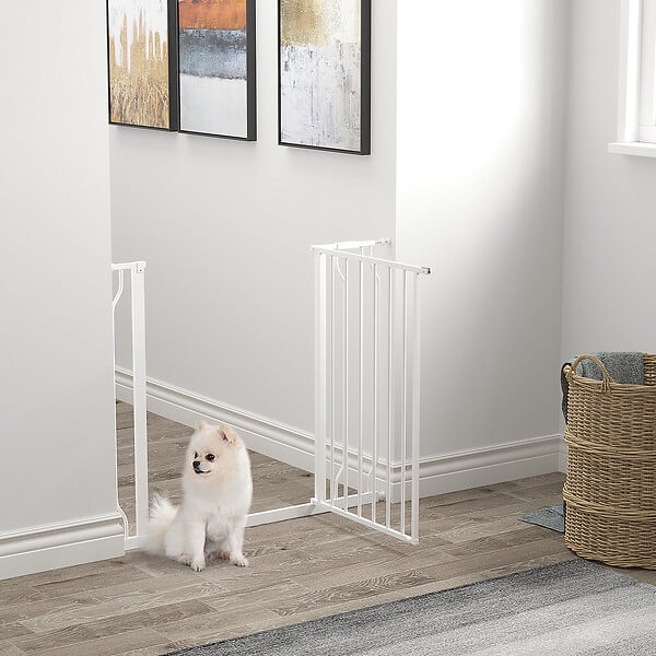 PAWHUT - Barrière de sécurité animaux - longueur réglable dim. 75-95 cm - porte double verrouillage, ouverture double sens -sans perçage - acier ABS blanc - large