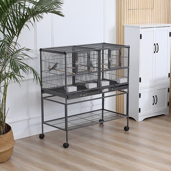 PAWHUT - Cage à oiseaux avec séparation mangeoire et perchoir 95L x 45l x 102H cm Noir et Gris - large