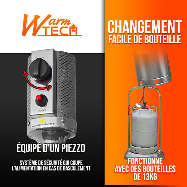 WARM TECH - Chauffage de terrasse au gaz 13Kw avec roues - large