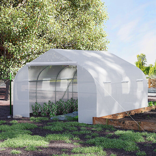 OUTSUNNY - Serre tunnel de jardin dim. 4,45L x 2,99l x 2H m porte + 6 fenêtres enroulables acier galvanisé bâche PE haute densité blanc - large