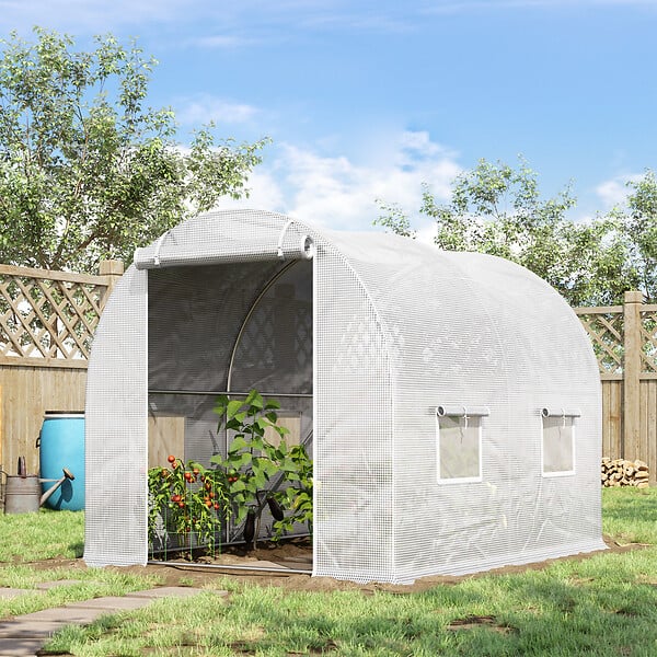 OUTSUNNY - Serre de jardin tunnel 6 m² 3L x 2l x 1,9H m acier galvanisé renforcé diamètre 2,4 cm + PE haute densité fenêtres porte blanc - large