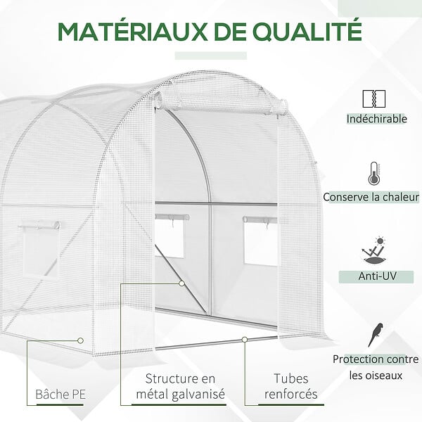 OUTSUNNY - Serre de jardin tunnel 6 m² 3L x 2l x 1,9H m acier galvanisé renforcé diamètre 2,4 cm + PE haute densité fenêtres porte blanc - large