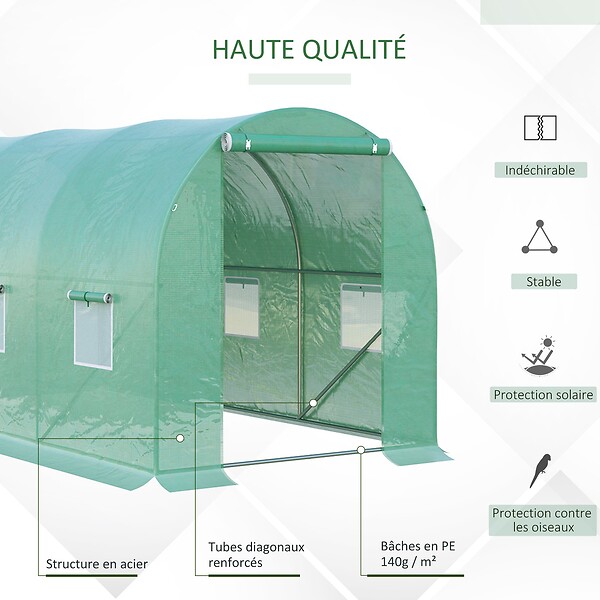 OUTSUNNY - Serre de jardin tunnel 8 m² 4L x 2l x 1,9H m acier galvanisé renforcé diamètre 2,4 cm + PE haute densité fenêtres porte vert - large