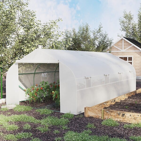 OUTSUNNY - Serre tunnel de jardin dim. 5,93L x 3l x 2H m porte + 8 fenêtres enroulables acier galvanisé bâche PE haute densité blanc - large