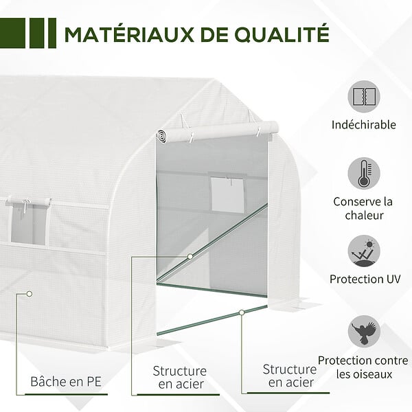 OUTSUNNY - Serre tunnel de jardin dim. 5,93L x 3l x 2H m porte + 8 fenêtres enroulables acier galvanisé bâche PE haute densité blanc - large