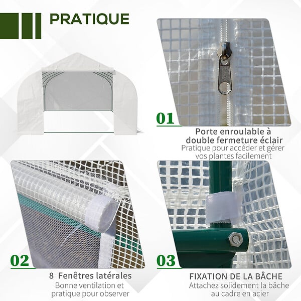 OUTSUNNY - Serre tunnel de jardin dim. 5,93L x 3l x 2H m porte + 8 fenêtres enroulables acier galvanisé bâche PE haute densité blanc - large