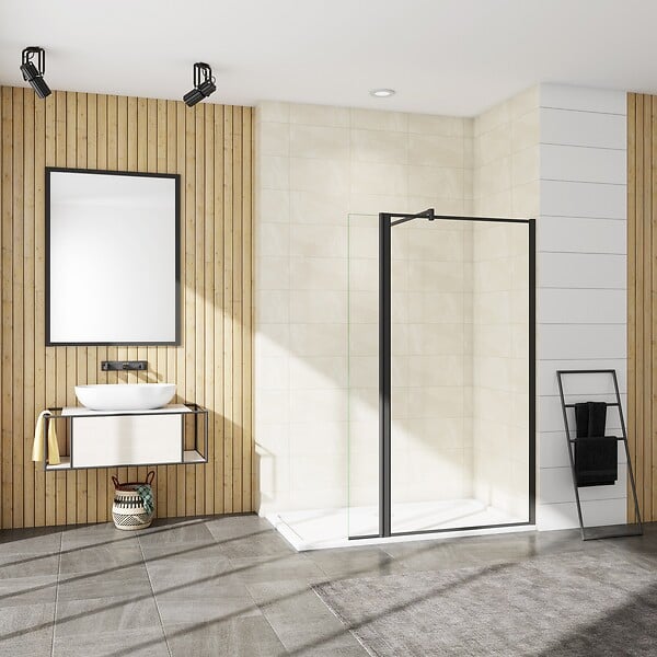 AICA SANITAIRE - AICA paroi de douche industrielle noire 90x200cm avec un retour pivotant 30cm livré avec une barre de stabilisation 90cm - large