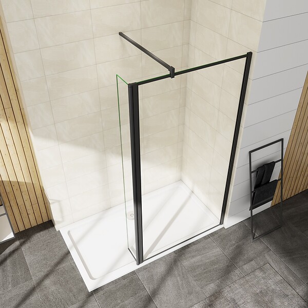 AICA SANITAIRE - AICA paroi de douche industrielle noire 90x200cm avec un retour pivotant 30cm livré avec une barre de stabilisation 90cm - large