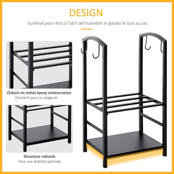 OUTSUNNY - Serviteur de cheminée - porte bûches - range bûches multi accessoires 2 étagères 40L x 30l x 75H cm métal noir - large