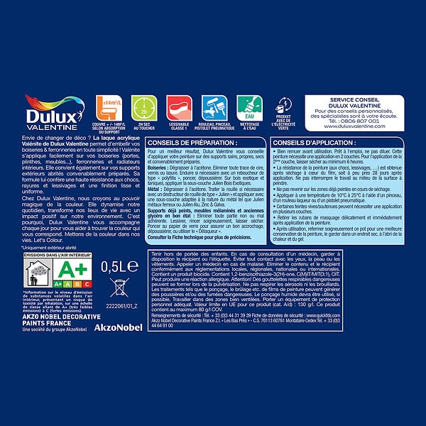 DULUX VALENTINE - Laque acrylique mat velouté - Bleu Gris - 0,5L - large