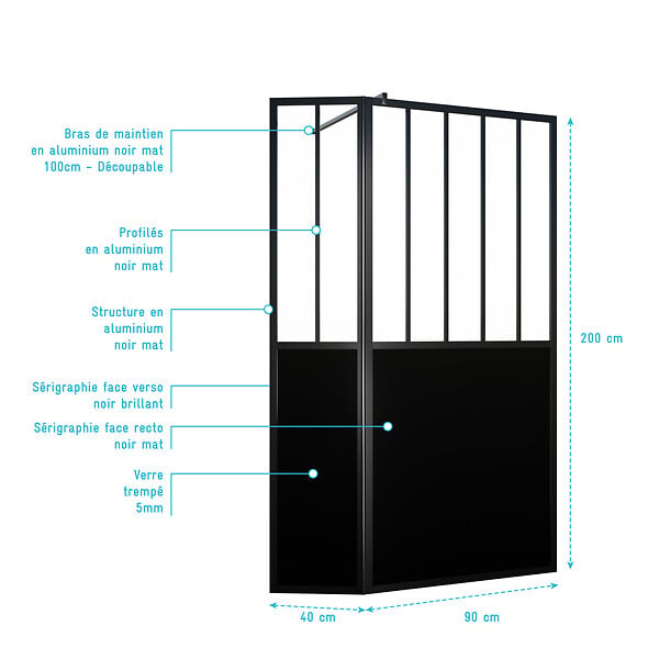 AURLANE - Paroi de Douche Façon Verrière avec Volet Pivotant - 90+40x200 cm - Verre Transparent et Noir - large