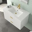 AURLANE - Meuble Salle de Bains 80cm Laqué Blanc et Or Doré à Tiroirs avec Vasque - Miroir & Applique Led - vignette