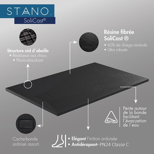 STANO - Receveur de douche 90 x 140 cm extra plat PIATTO en SoliCast® surface ardoisée gris basalte - large