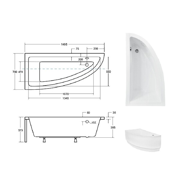 BESCO - Baignoire asymétrique 150 x 70 cm + tablier noir + repose tête - PRAKTIKA - Gauche - large