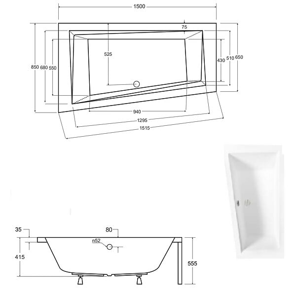 BESCO - Baignoire asymétrique 150 x 85 cm + tablier blanc + repose tête - INTIMA - Gauche - large