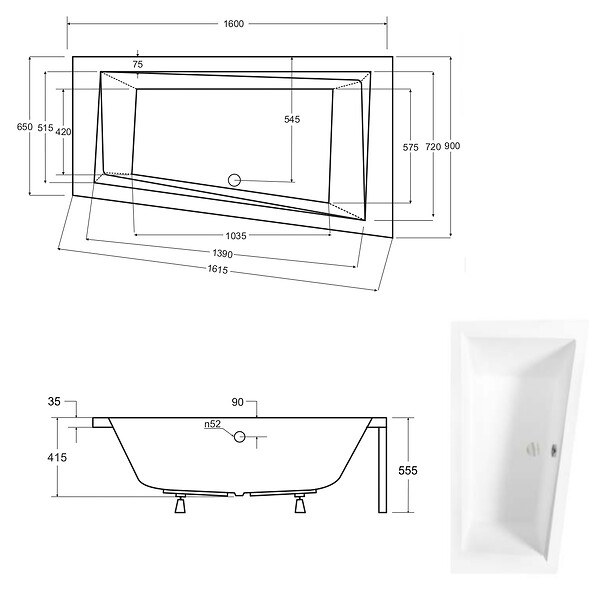 BESCO - Baignoire asymétrique 150 x 85 cm + tablier blanc + repose tête - INTIMA - Droite - large