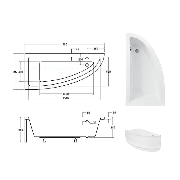 BESCO - Baignoire asymétrique 150 x 70 cm + tablier blanc + repose tête - PRAKTIKA - Gauche - large