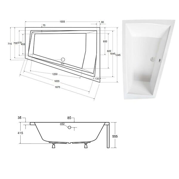 BESCO - Baignoire asymétrique 180 cm x 125 cm + tablier blanc + repose tête - INTIMA DUO - Droite - large
