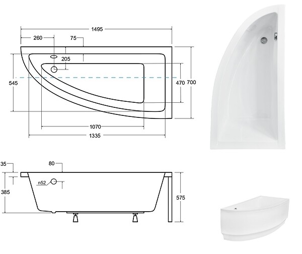 BESCO - Baignoire asymétrique 150 x 70 cm + tablier blanc + repose tête - PRAKTIKA - Droite - large