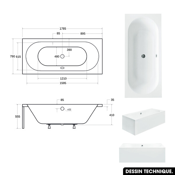 BESCO - Baignoire rectangulaire 180 x 80 cm - avec Tablier Blanc et Repose Tête OFFERT | VITAE - large