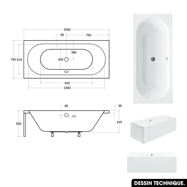 BESCO - Baignoire rectangulaire 150 x 75 cm - avec Tablier Blanc et Repose Tête OFFERT | VITAE - large
