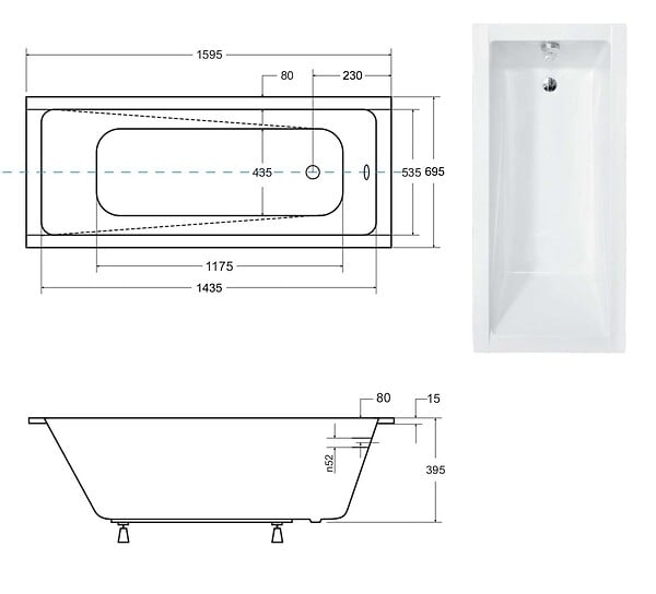 BESCO - Baignoire rectangulaire blanche à encastrer 160 x 70 cm + repose tête - MODERN SLIM - large