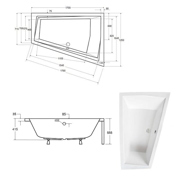 BESCO - Baignoire asymétrique 170 x 125 cm + tablier blanc + repose tête - INTIMA DUO - Droite - large