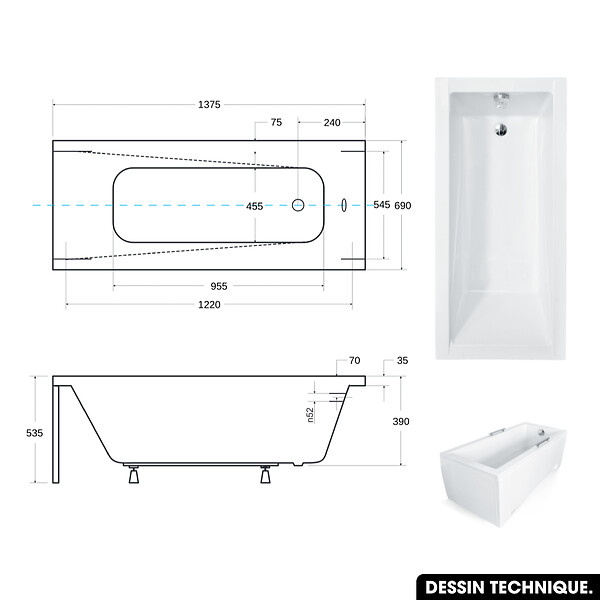 BESCO - Baignoire rectangulaire 140 x 70 cm - avec Tablier Blanc et Repose Tête OFFERT | MODERN - large