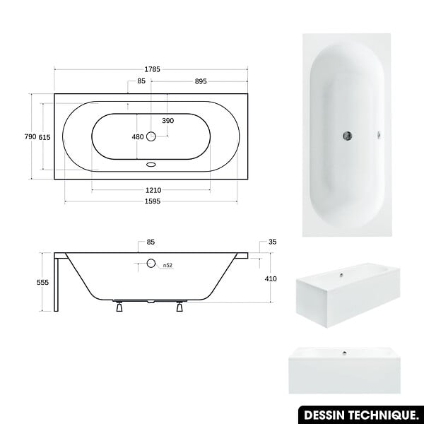 BESCO - Baignoire rectangulaire 180 x 80 cm - avec Tablier Noir Mat et Repose Tête OFFERT | VITAE - large