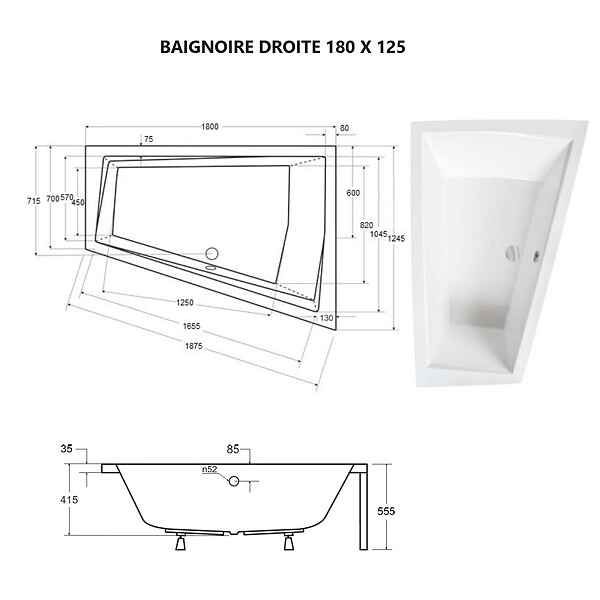 BESCO - Baignoire asymétrique 180 cm x 125 cm + tablier noir + repose tête - INTIMA DUO - Droite - large