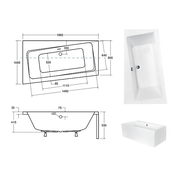 BESCO - Baignoire asymétrique 170 x 110 cm + tablier blanc + repose tête - INFINITY- Gauche - large