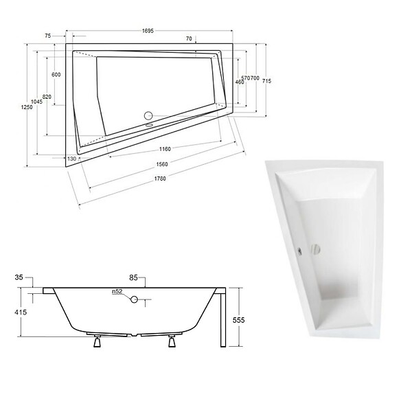 BESCO - Baignoire asymétrique 170 x 125 cm + tablier blanc + repose tête - INTIMA DUO - Gauche - large