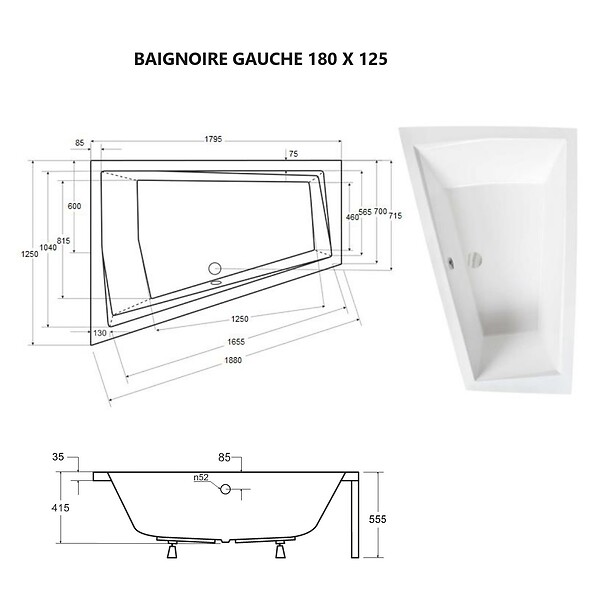 BESCO - Baignoire asymétrique 180 cm x 125 cm + tablier noir + repose tête - INTIMA DUO - Gauche - large