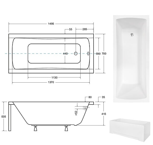 BESCO - Baignoire rectangulaire 150 x 70 cm + tablier blanc + repose tête - OPTIMA - large