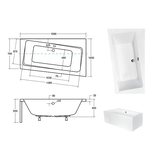 BESCO - Baignoire asymétrique  160 x 100 cm + tablier blanc + repose tête - INFINITY - Droite - large