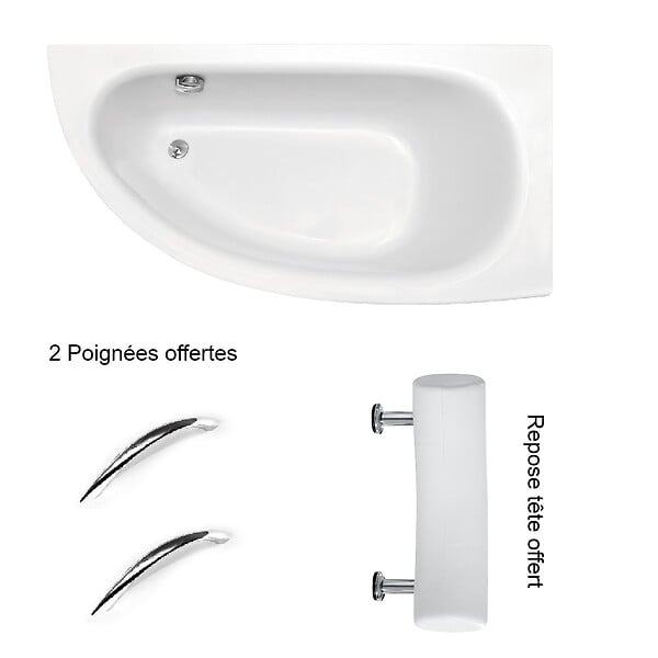 BESCO - Baignoire asymétrique 150 x 70 cm + tablier blanc + repose tête + poignées - MILENA PREMIUM - Gauche - large